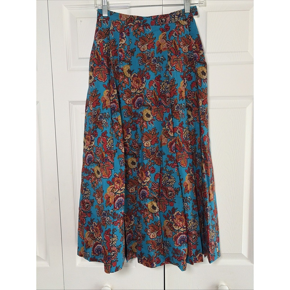 Country Casuals Floral Paisley Midi Skirt Womens 10 Blue Wool Pleated Boho Vtg